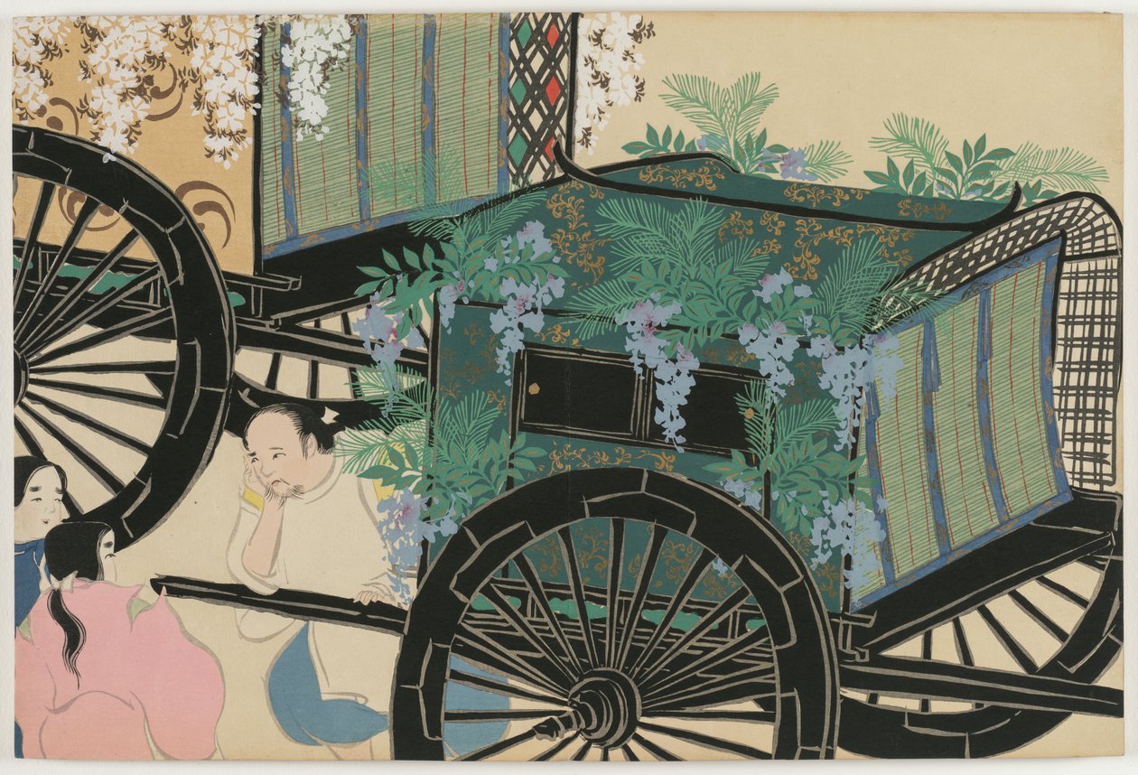 Flowers of a Hundred Worlds (Momoyogusa): Carrinhos cobertos de flores (Hanasashiguruma) de Kamisaka Sekka