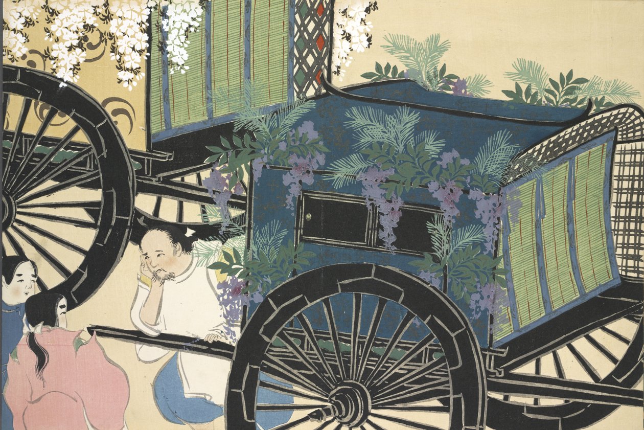 Hanazashi-guruma de Momoyo-gusa (O Mundo das Coisas) Vol II, pub.1909 (bloco de cor xilogravura) de Kamisaka Sekka
