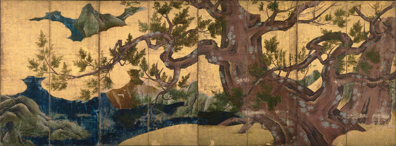 biombo com representação de um cipreste de Kano Eitoku