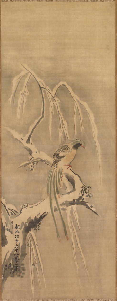 Pássaro chinês no galho carregado de neve de Kanō Tan’yū