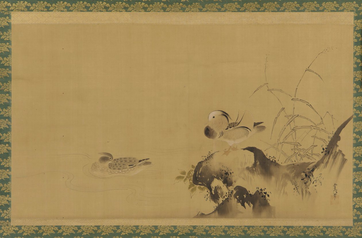 Patos mandarim em uma paisagem, período Edo, meados do século XVII e início do século XVIII. de Kanô Yôboku Tsunenobu