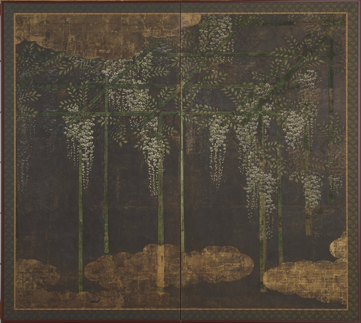 Glicínia em flor numa treliça de bambu, Tela (dois painéis), do século XVI ao XVII (cor, ouro e prata sobre papel) de Kano Eitoku