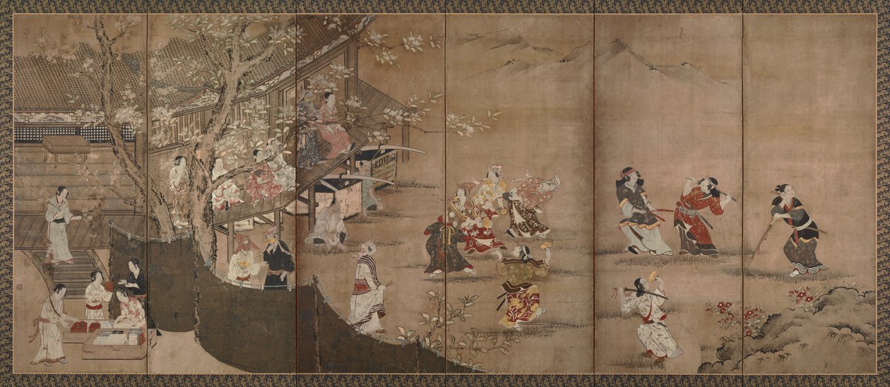 Merrymaking sob as flores de cerejeira de Kano Naganobu