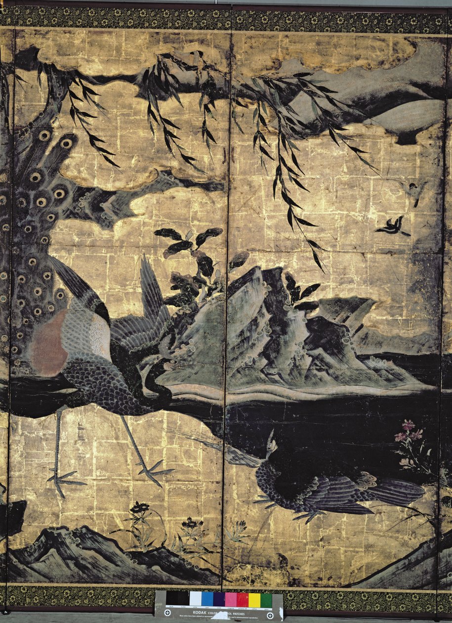 Aves e Flores das Quatro Estações (caneta e tinta, papel dourado no painel) (ver 216551, 216553) de Kano Soshu