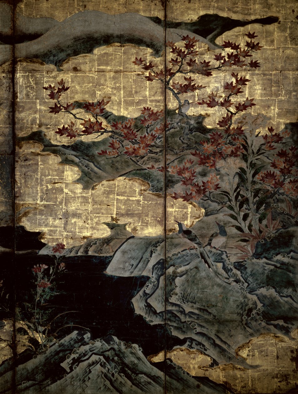 Pássaros e Flores das Quatro Estações (caneta e tinta, papel dourado no painel) (ver 216552, 216551) de Kano Soshu