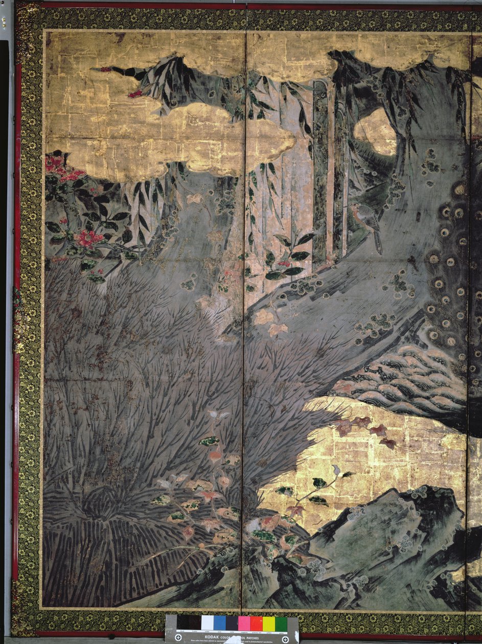 Pássaros e flores das quatro estações (caneta e tinta, papel dourado no painel) (ver 216552, 216553) de Kano Soshu