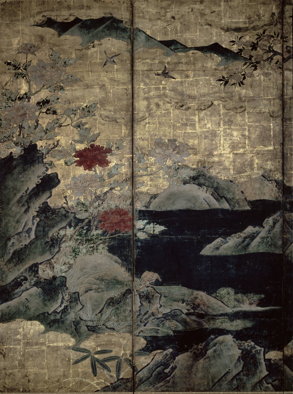 Aves e Flores das Quatro Estações (caneta e tinta, papel dourado no painel) (ver 216555, 216556) de Kano Soshu