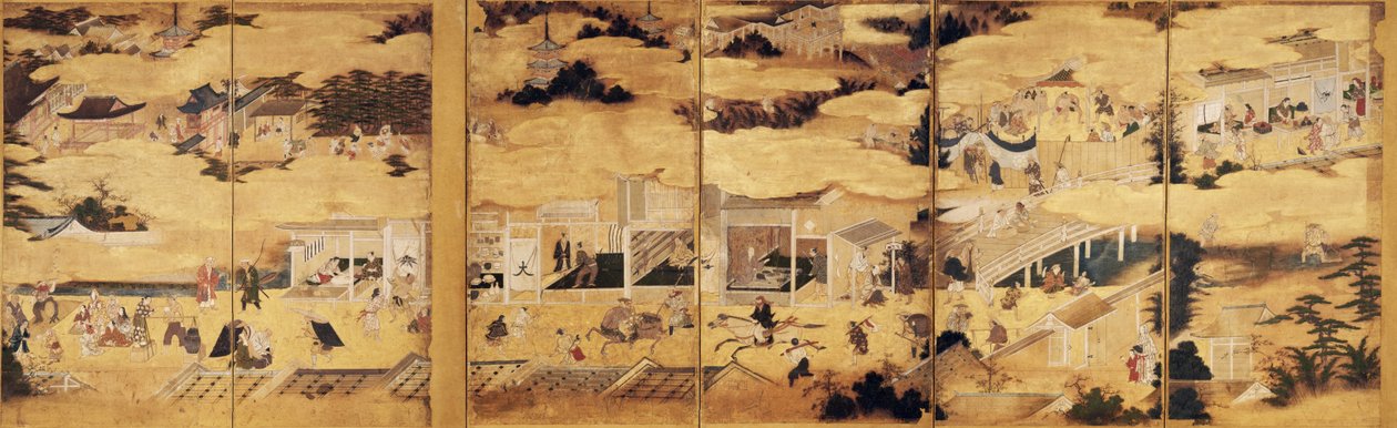 Cenas em e ao redor da Capital, par de seis vezes byobu de Kano Takanobu