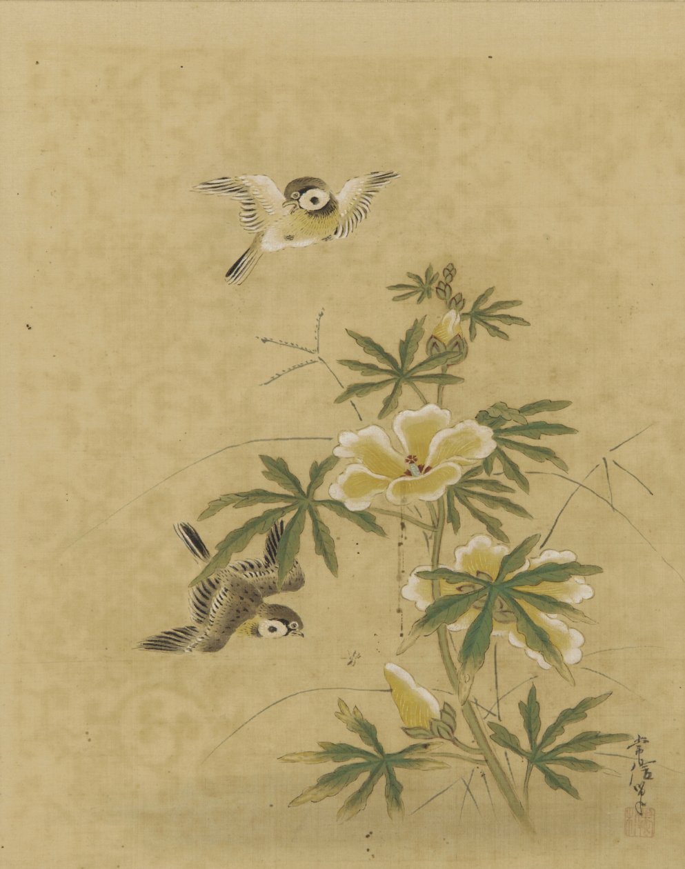 Pássaros e flores, período Edo, meados do século XVII ao início do século XVIII (tinta e cor na seda) de Kano Tsunenobu