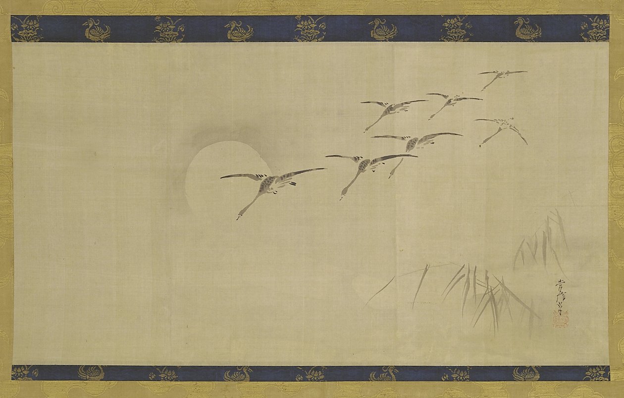 Gansos, lua e plantas aquáticas, período Edo, meados do século XVII a princípios do século XVIII (tinta sobre seda) de Kano Tsunenobu