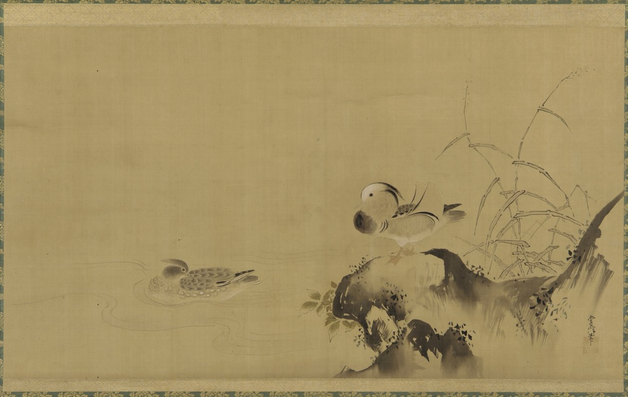 Mandarim patos em uma paisagem, período Edo, meados do século 17-início 18 (tinta e cor na seda) de Kano Tsunenobu