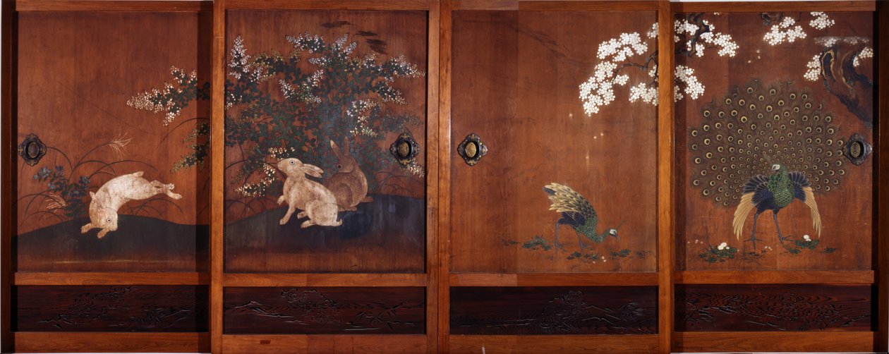 Pinturas em Portas Deslizantes de Madeira, c.1700 (tinta e wc em madeira) de Kano Tsunenobu