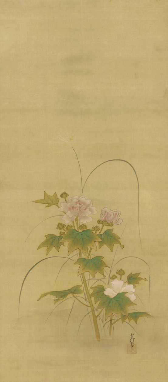 Peônias, período Edo, meados do século XVII ao início do século XVIII (tinta e cor na seda) de Kano Tsunenobu