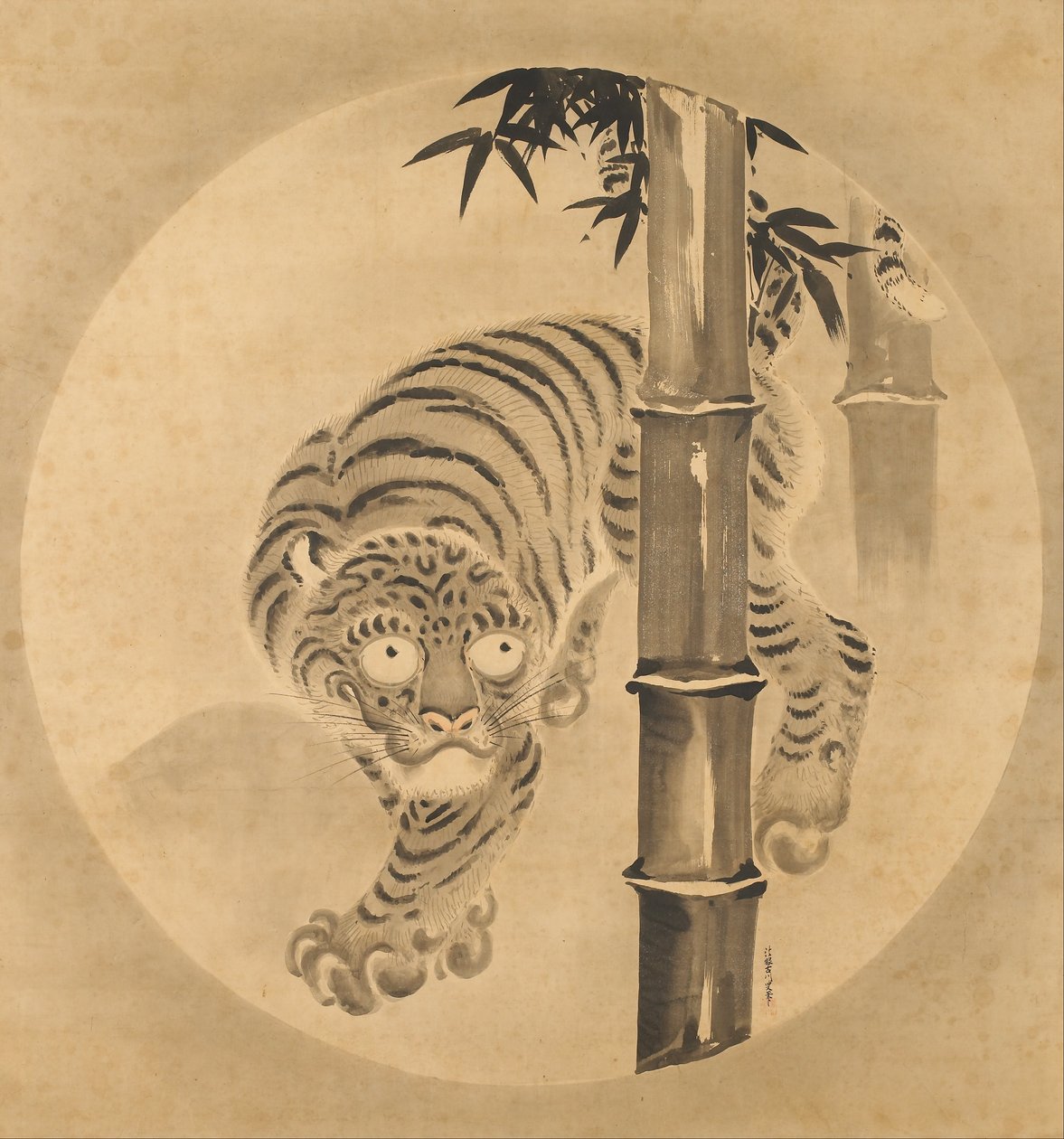 Tigre emergindo do bambu de Kano Tsunenobu