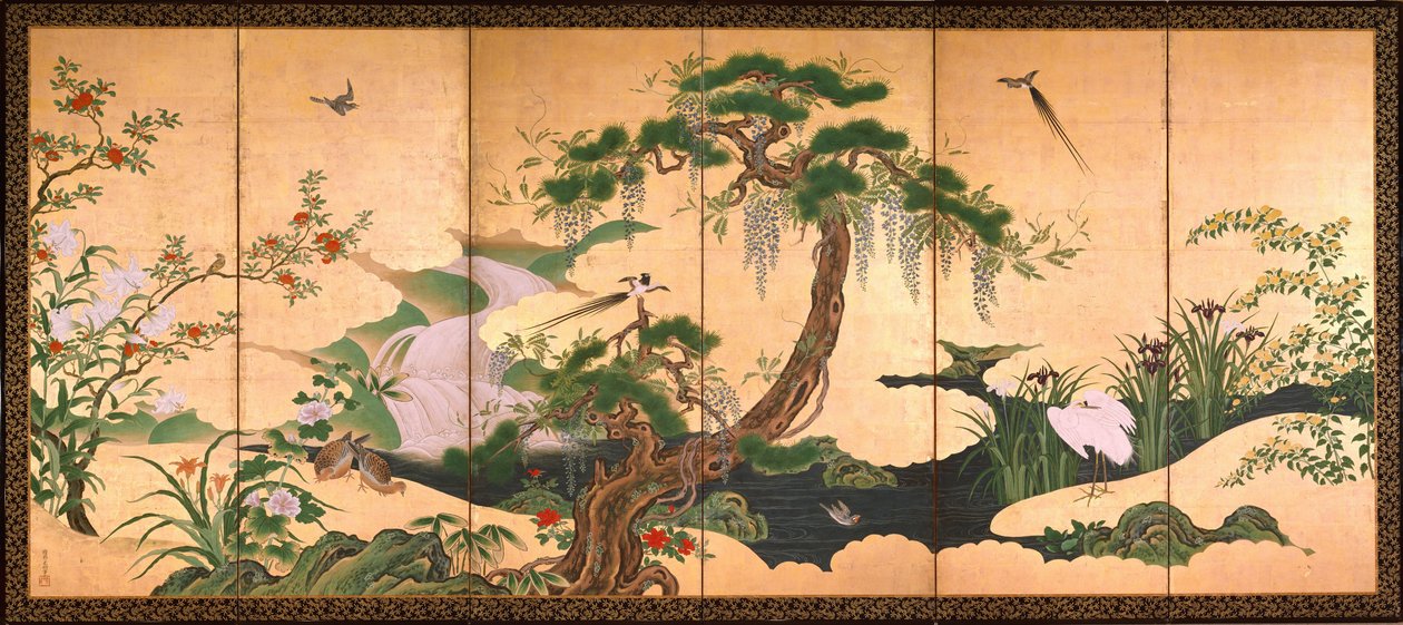 Aves e Flores da Primavera e Verão - Eino, Kano (1631-1697) - Segunda metade do século XVII - Aguarela e tinta sobre papel - 153x361 - Museu de Arte Suntory de Kano Eino