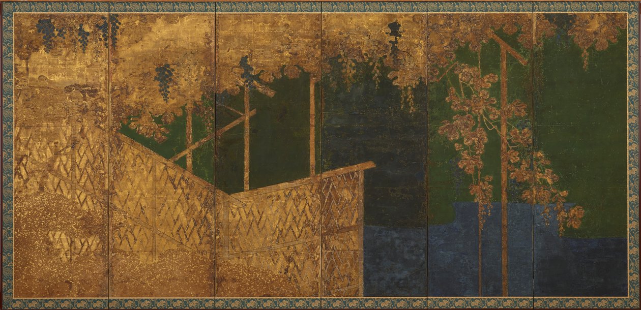 Uvas frutíferas em uma grade de bambu, período Momoyama, final do século XVI. de Kano Eitoku