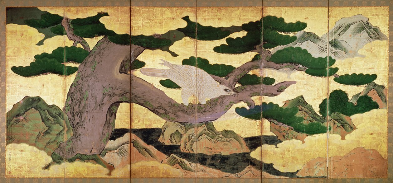The Hawks in the Pines, tela dobrável de 6 painéis (caneta e tinta, cor, ouro no painel) (ver 216562) de Kano Eitoku