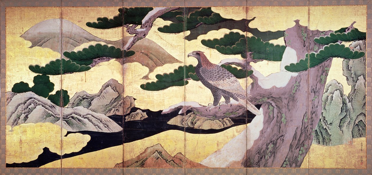 The Hawks in the Pines, tela dobrável de 6 painéis (caneta e tinta, cor, ouro no painel) (ver 216561) de Kano Eitoku
