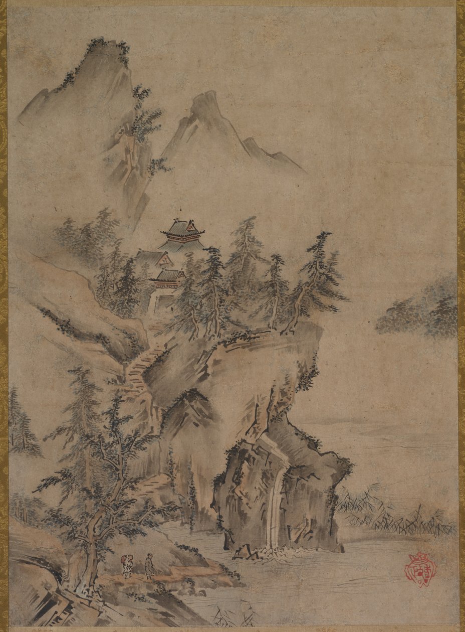 Literatus chinês viajando para um templo de montanha de Kano Hidemasa