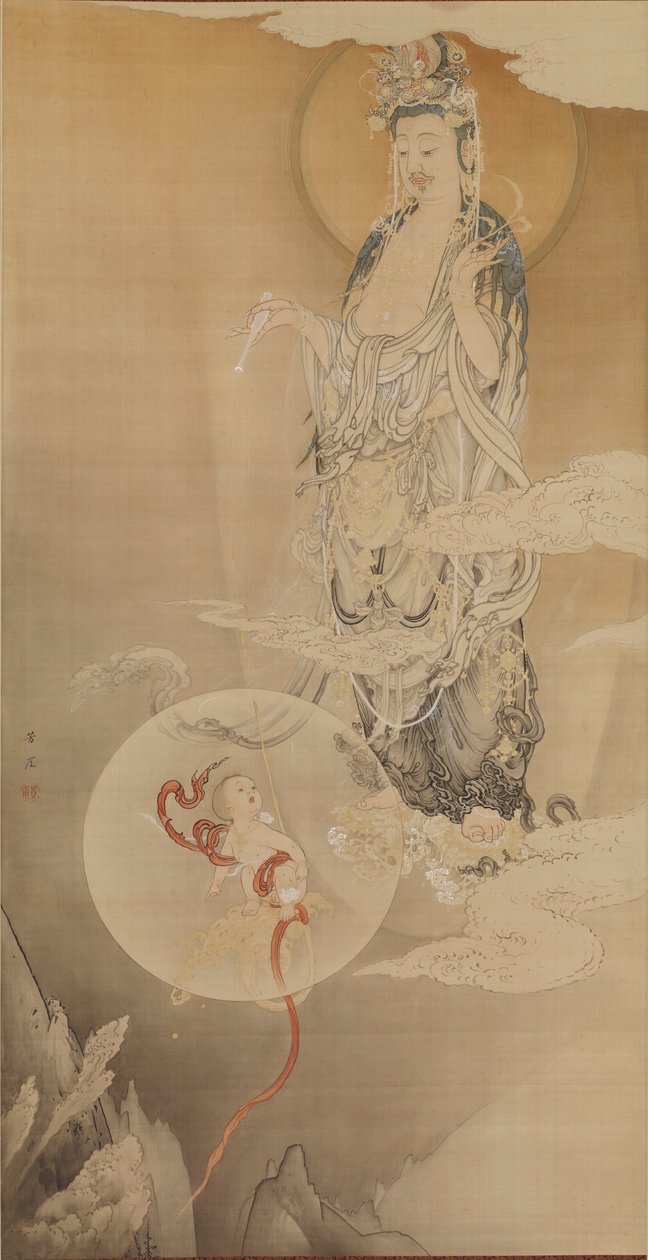 O Bodhisattva Kannon, 1883 (tinta, cor e ouro em seda) de Kano Hogai