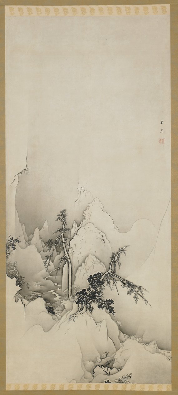 Paisagem de inverno: uma ravina, período Edo, 1883 (tinta no papel) de Kano Hogai