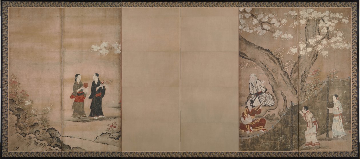 Alegria sob as flores de aronia. À direita de um par de biombos de seis seções, século XVIII de Kano Isenin Naganobu