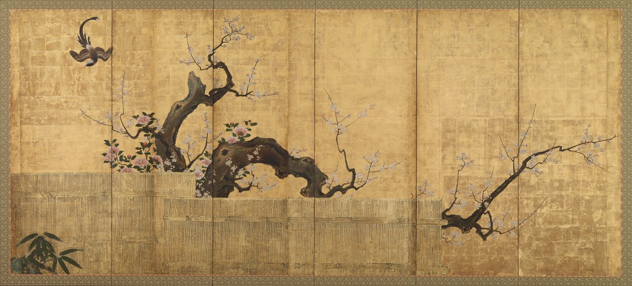 Florescendo ameixa e camélia em uma paisagem de jardim de Kano Koi
