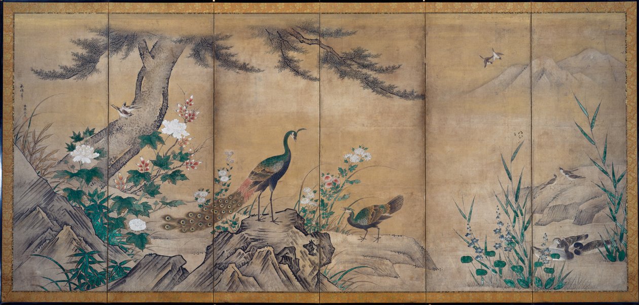 Pássaros, árvores e flores, final de 1500. de Kano Mitsunobu