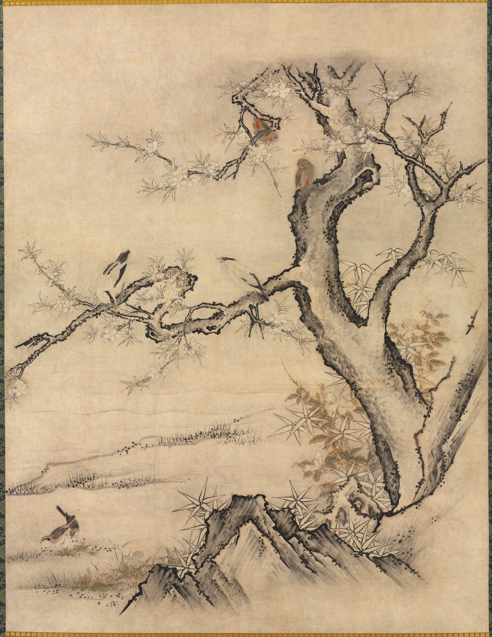 Flores e pássaros em uma paisagem de primavera, 1500s. de Kano Motonobu
