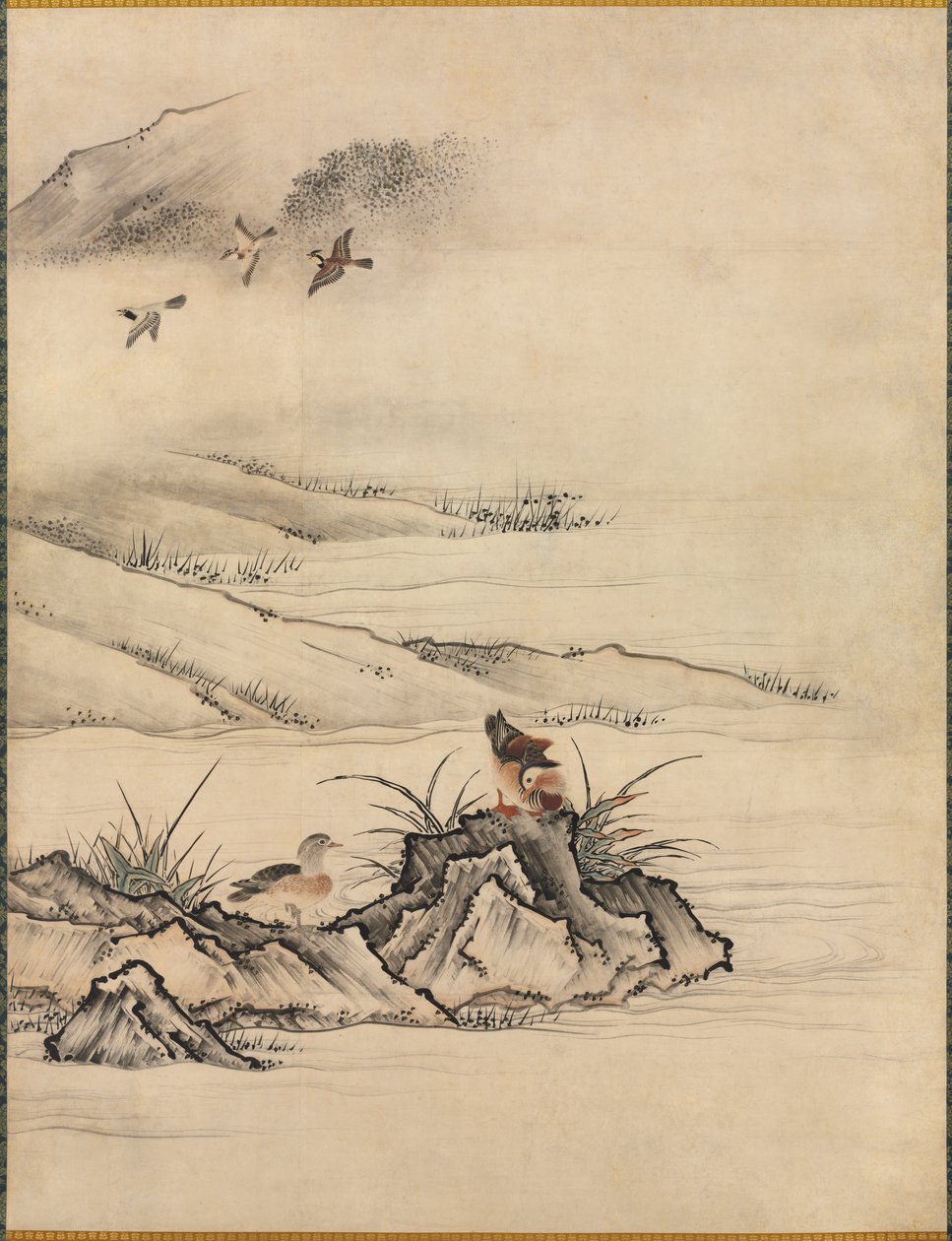 Flores e pássaros em uma paisagem de primavera, 1500s. de Kano Motonobu