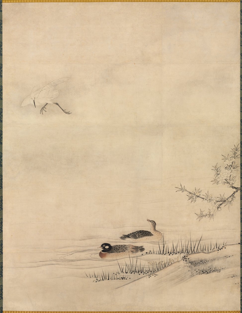 Flores e pássaros em uma paisagem de primavera, 1500s. de Kano Motonobu