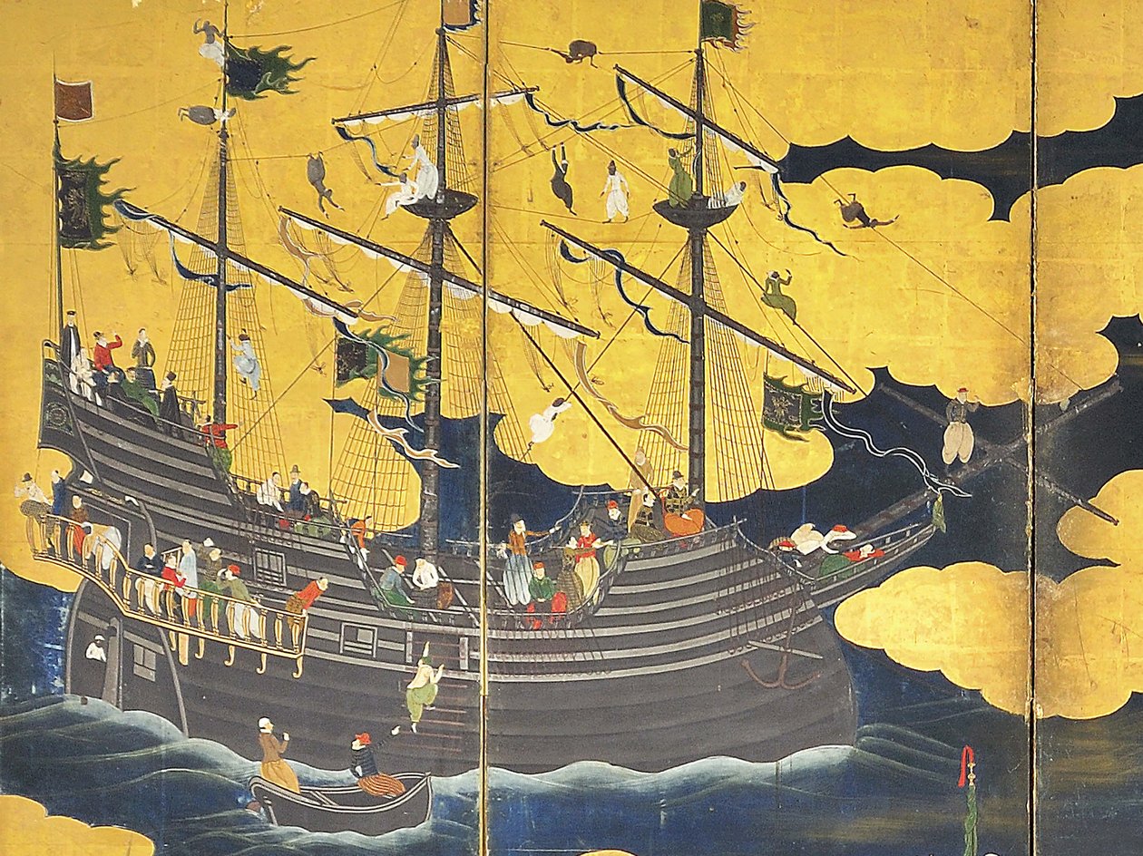 Detalhe dos bárbaros do sul chegam ao comércio, par de telas de seis painéis, início do século XVII de Kano Naizen