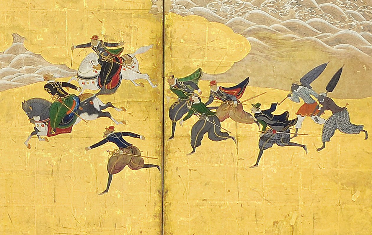 Detalhe dos bárbaros do sul chegam ao comércio, par de telas de seis painéis, início do século XVII de Kano Naizen
