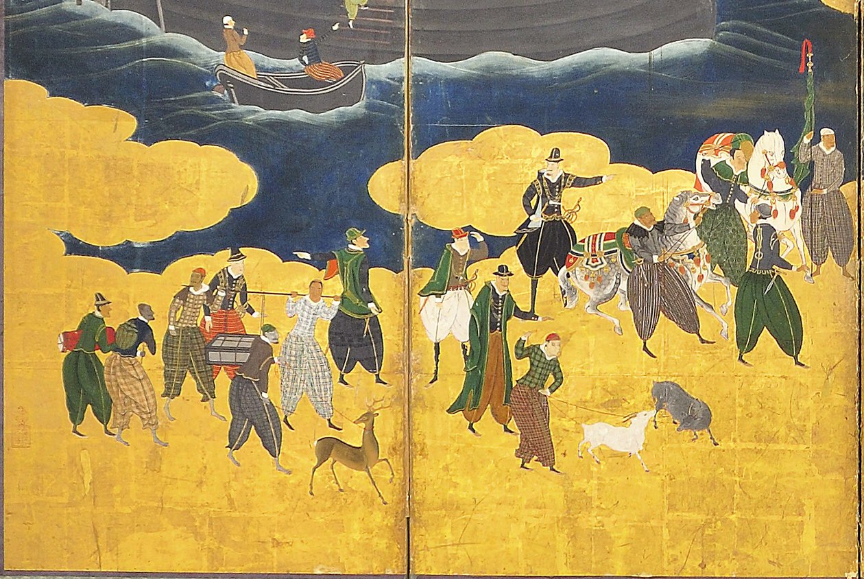 Detalhe dos bárbaros do sul chegam ao comércio, par de telas de seis painéis, início do século XVII de Kano Naizen