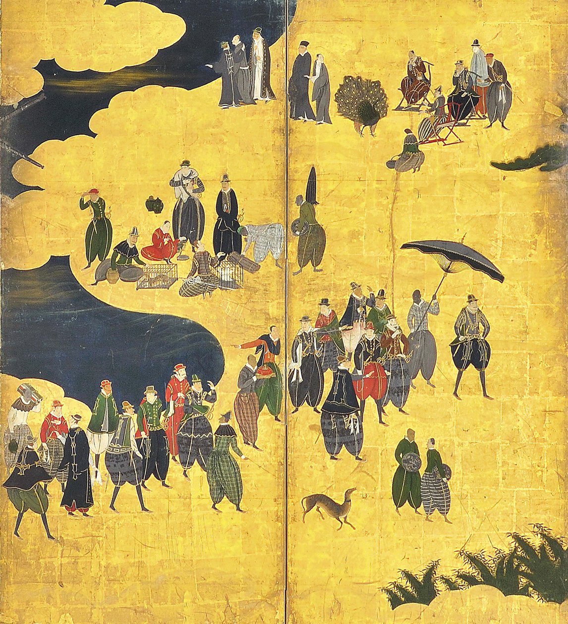 Detalhe dos bárbaros do sul chegam ao comércio, par de telas de seis painéis, início do século XVII de Kano Naizen