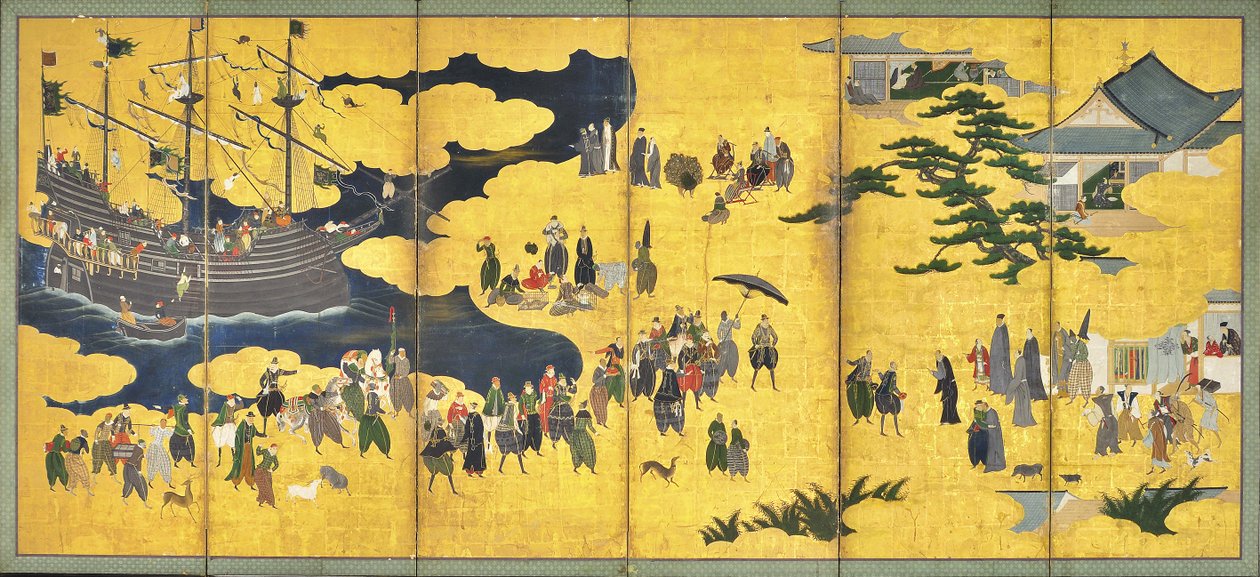 Bárbaros do Sul Come to Trade, par de telas de seis painéis, início do século XVII de Kano Naizen