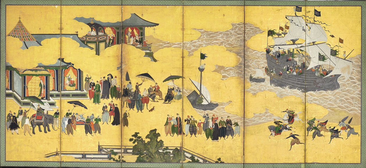 Bárbaros do Sul Come to Trade, par de telas de seis painéis, início do século XVII de Kano Naizen