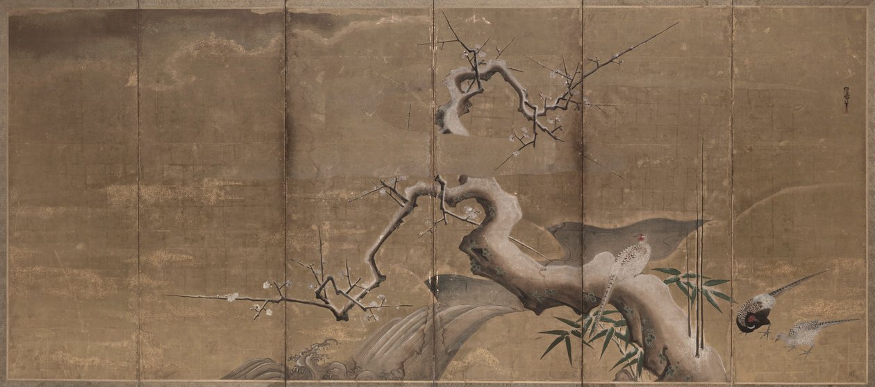 Cena do inverno com Plum Trees e Pheasants Birds Left, início dos anos 1600. de Kano Naonobu