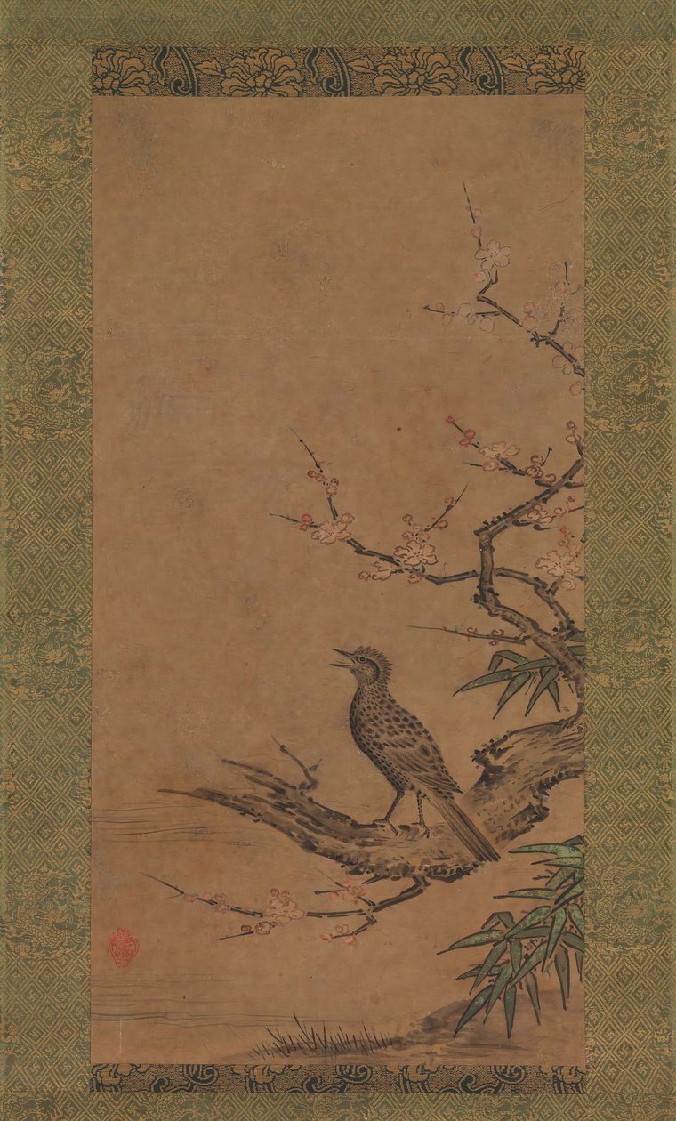 Bulbul de Orelha Castanha Hiyodori num ramo de Ameixa, de meados a finais do século XVI. de Kano Shoei