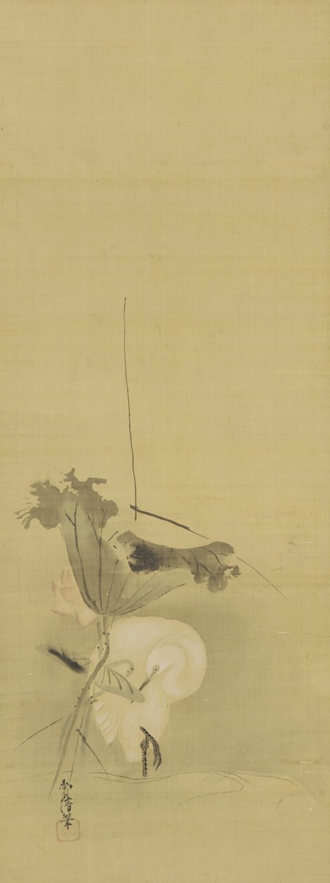 Garça e lótus, período Edo, meados do século XVII ao início do século XVIII (tinta e cor sobre seda) de Kano Tsunenobu