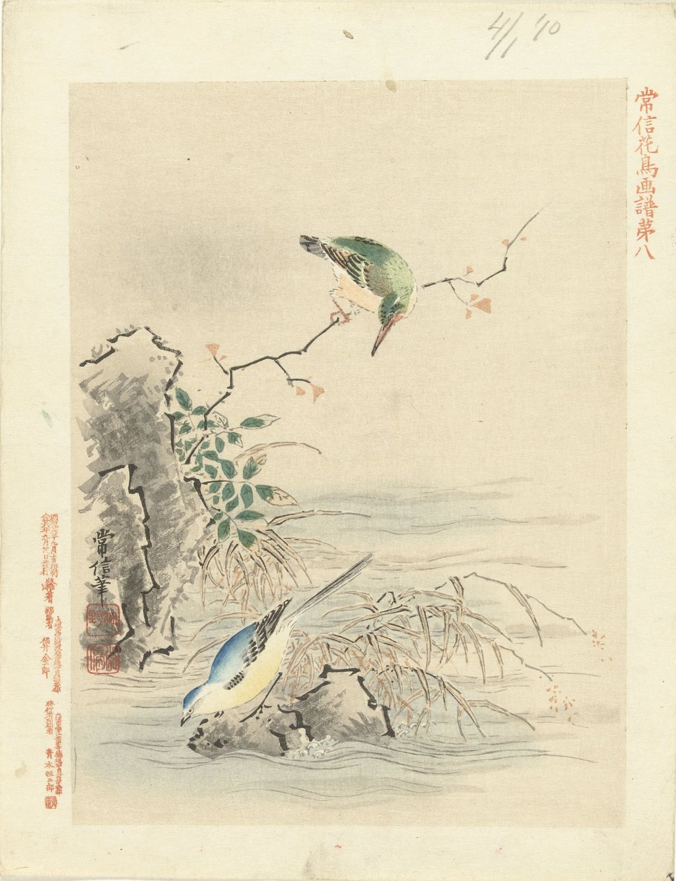 Martim-pescador olhando o pássaro pela água Esboços de flores e pássaros por Kano Tsunenobu (título da série) Kano Tsunenobu kacho gafu (título da série no objeto) de Kano Tsunenobu