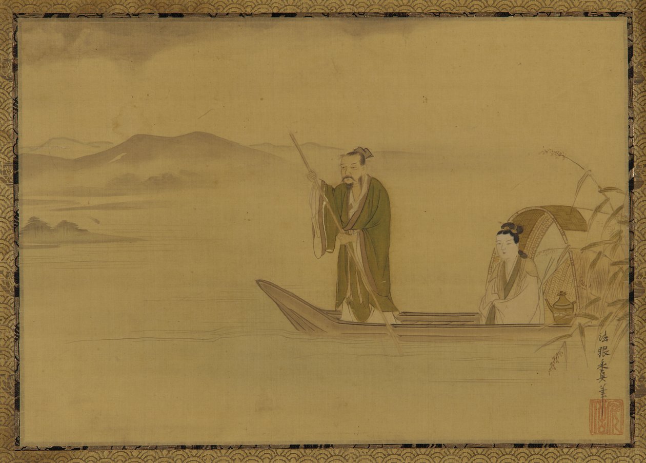 Homem e mulher chineses num barco, período Edo, meados do século XVII. de Kano Yasunobu