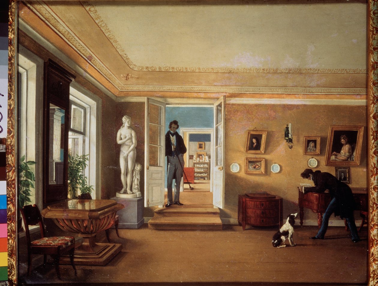 Na sala (Um homem brinca com um cão, enquanto outro os observa) - Na sala - Pintura de Kapiton Alexeyevich Zelentsov (1790-1845), óleo sobre tela - Arte Russa de Kapiton Alekseevich Zelentsov