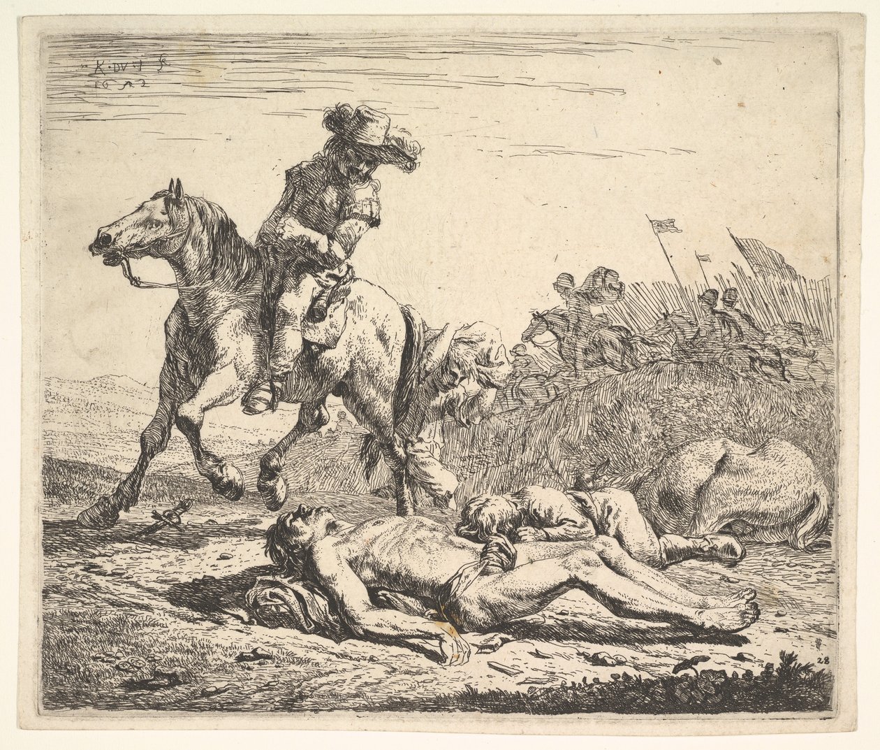 Campo de batalha com cavaleiro olhando por cima do ombro esquerdo em direção a cadáver despojado na ranhura, 1652. de Karel Du Jardin