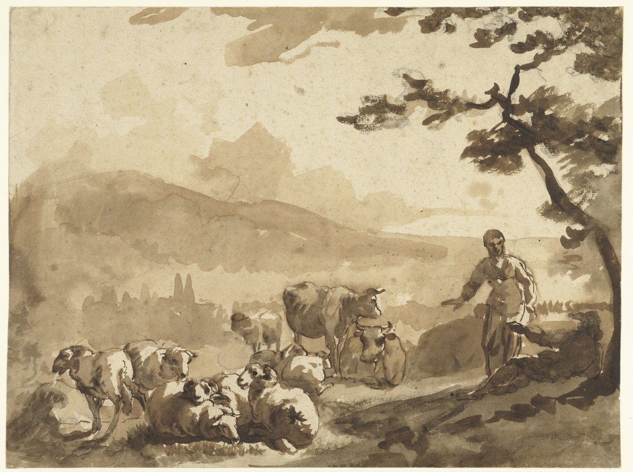 Paisagem de montanha com pastores com os seus rebanhos de ovelhas e vacas de Karel Du Jardin