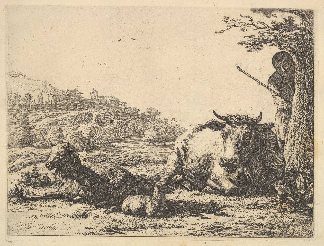 Vaca, ovelha adulta e ovelha caída na grama, além do mais, um pastor fica parcialmente ..., 1656. de Karel Du Jardin