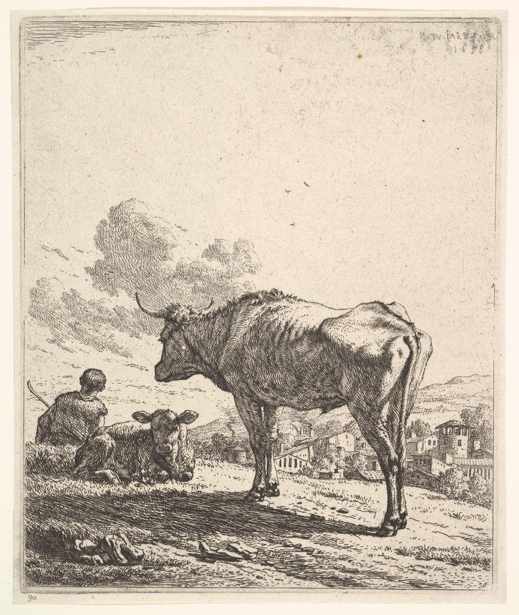 Vaqueiro com vaca e bezerro na encosta de uma colina, o vaqueiro visto por trás e sentado no ..., 1658. de Karel Du Jardin