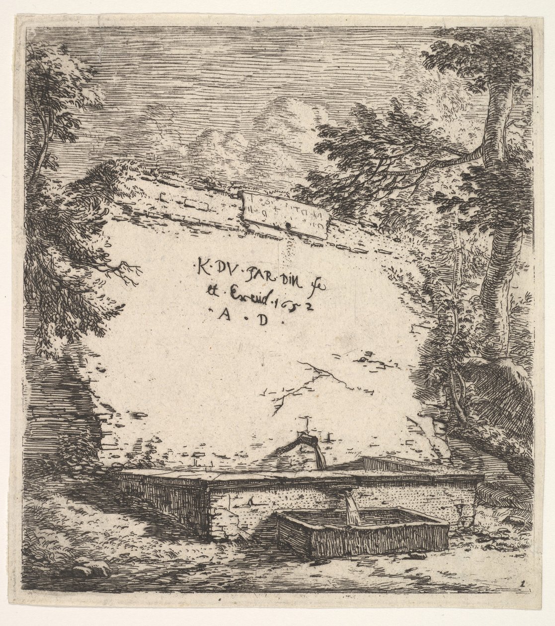 Frontispício com fonte escalonada, um muro de pedra com bico de água despejando água em um rec ..., 1652. de Karel Du Jardin