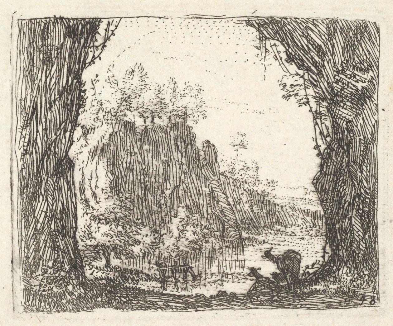 Paisagem ladeada por árvores no primeiro plano esquerdo e direito, silhuetas de dois goa ..., ca. 1641-78. de Karel Du Jardin