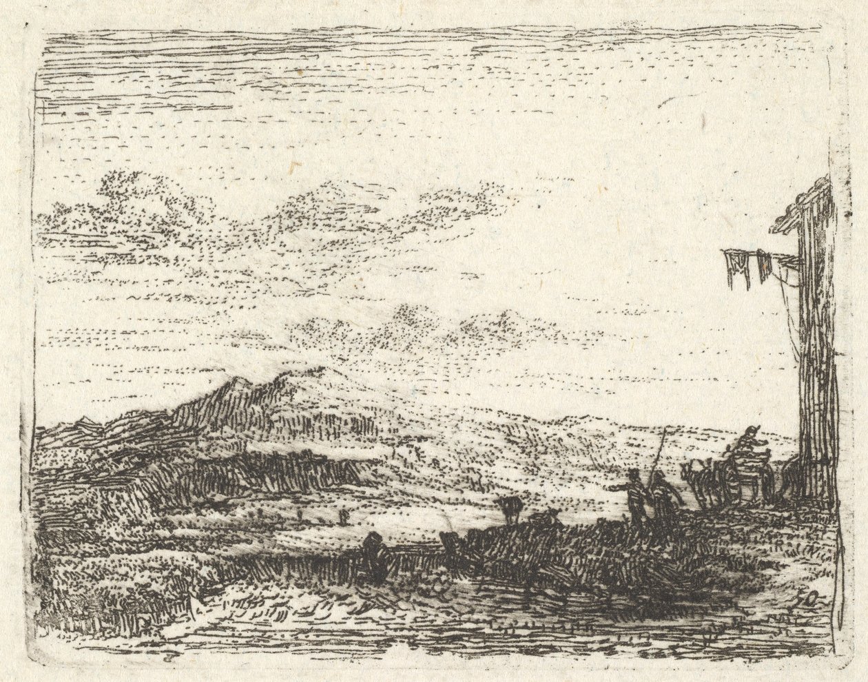 Paisagem com canto do edifício e toldo na extrema direita, duas figuras e um cavalo -..., ca. 1641-78. de Karel Du Jardin